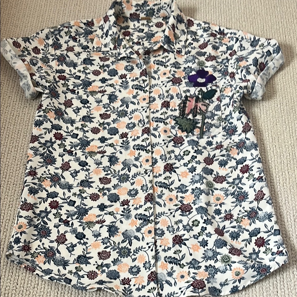 Adam Lippes White and Blue Floral Button Down Shirt silk